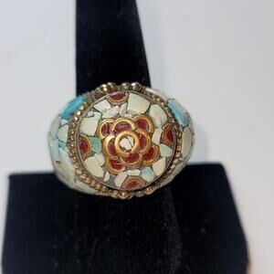Vintage Tibetan-Style Silver-Toned Mosaic Ring with Floral Motif